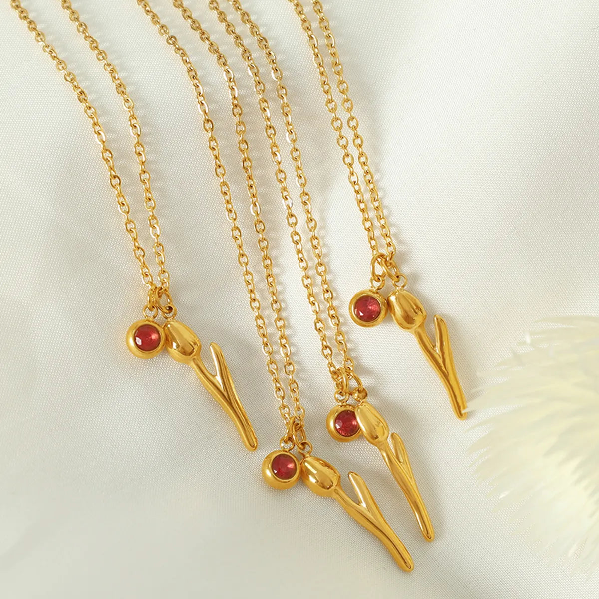 Sterling Silver Necklaces-Elegant Simple Style Tulip Titanium Steel Plating Inlay Rhinestones 18k Gold Plated Necklace