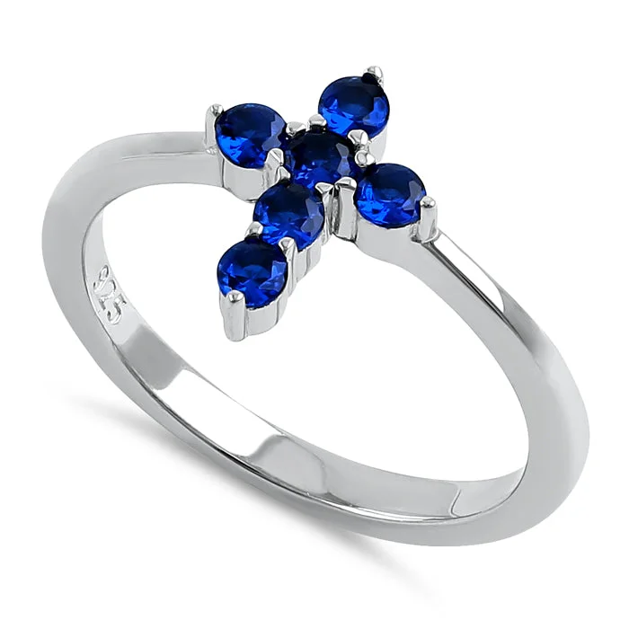 Women’s Vintage Wedding Rings-Sterling Silver Cross Blue CZ Ring