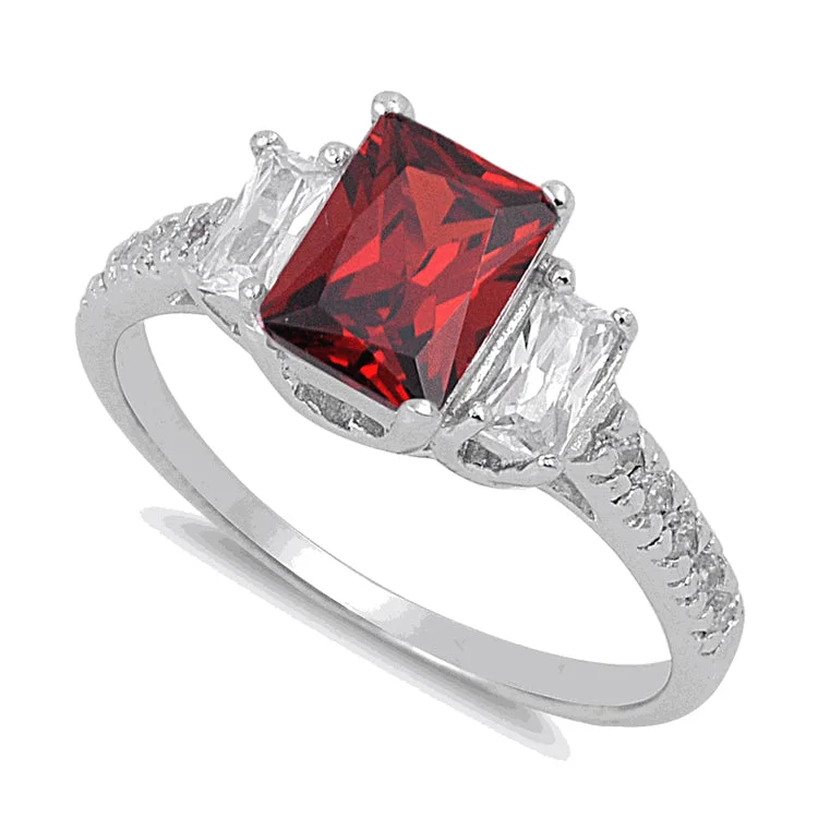 Custom Engagement Rings-Sterling Silver Rectangular Garnet CZ Ring