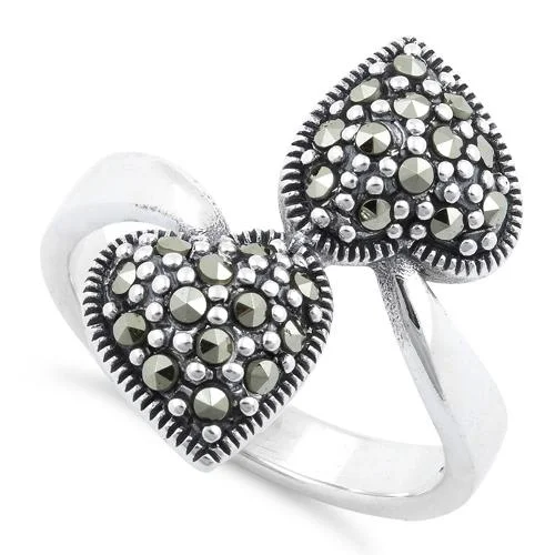 Stackable Engagement Rings-Sterling Silver Double Heart Marcasite Ring