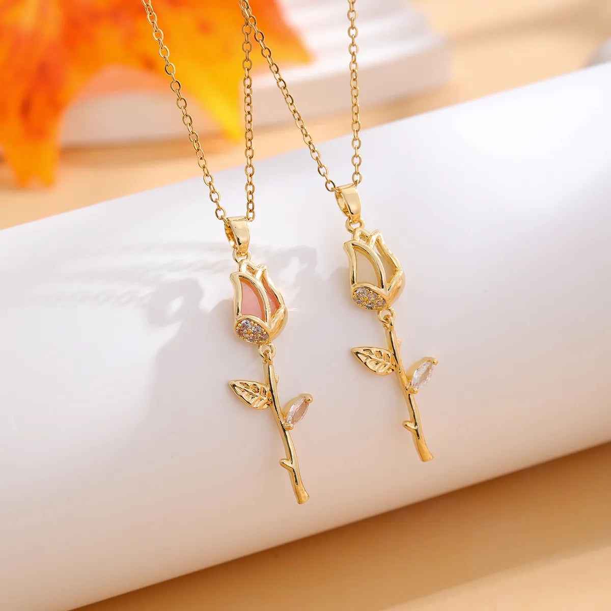 18K Gold Necklaces-Casual Classic Style Tulip Stainless Steel Plating Inlay Rhinestones Opal Zircon Gold Plated Pendant Necklace