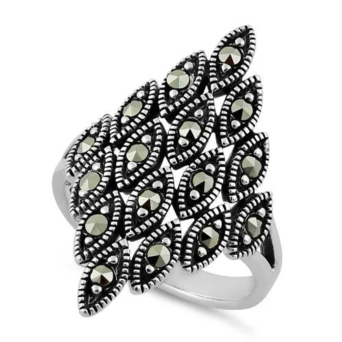 Affordable Gemstone Rings-Sterling Silver Multiple Marquise Shape Marcasite Ring