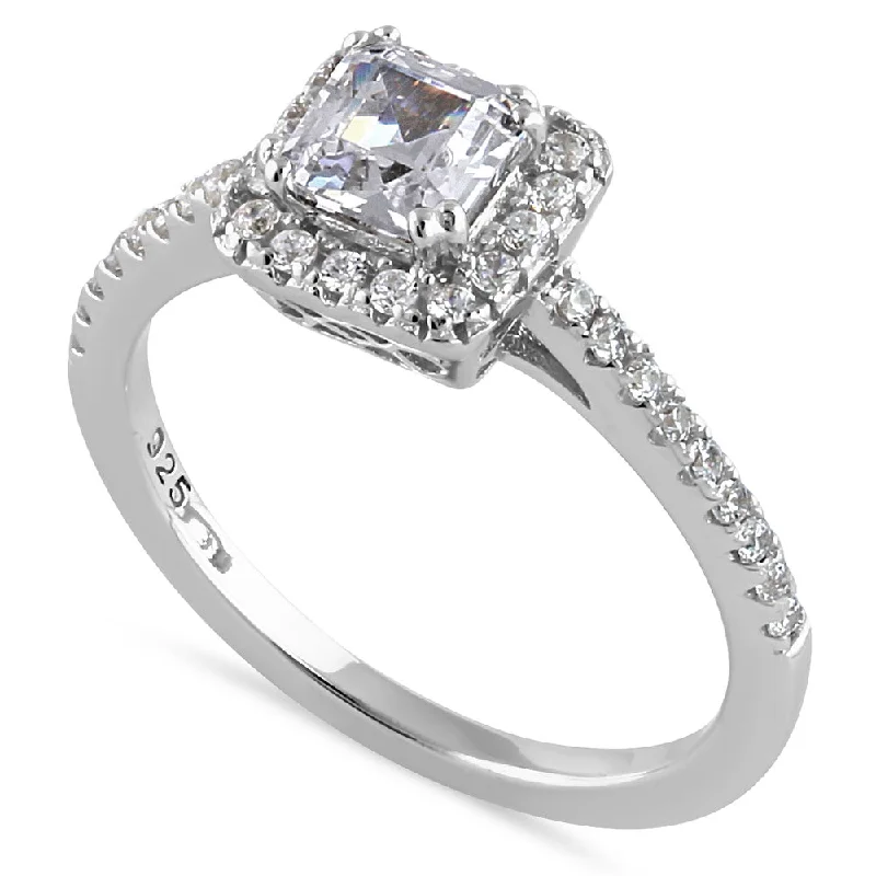 Custom Gemstone Promise Rings-Sterling Silver 0.75 ct. Asscher-cut Halo CZ Engagement Ring