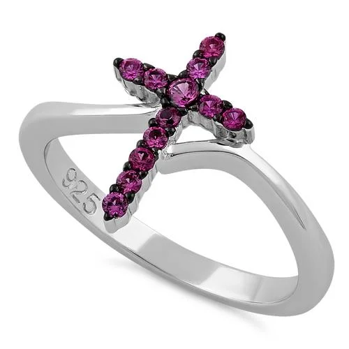 Handmade Promise Rings-Sterling Silver Cross Pink CZ Ring