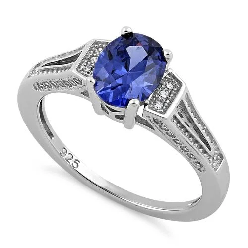 Black Stainless Steel Rings-Sterling Silver Elegant Oval Tanzanite CZ Ring