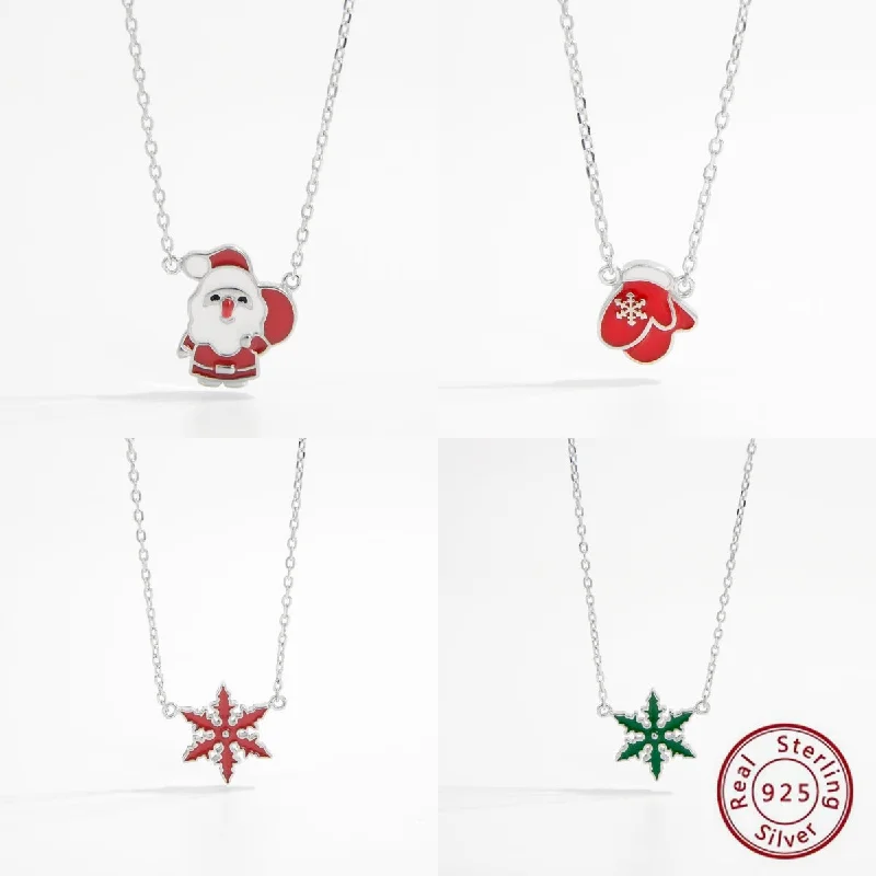 Unique Necklaces-Cartoon Style Santa Claus Snowflake Sterling Silver Epoxy Plating White Gold Plated