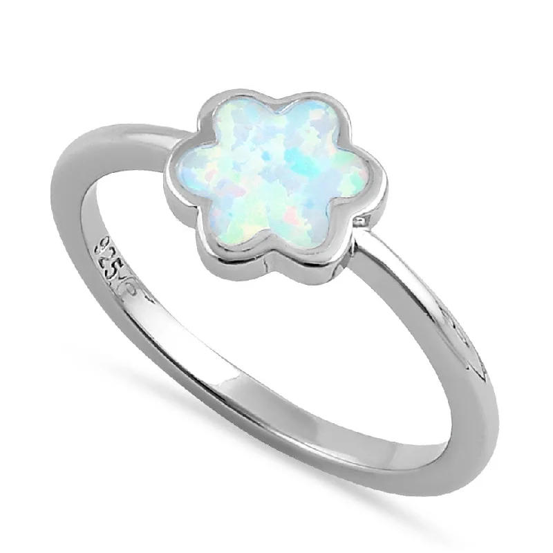 Custom Promise Rings for Women-Sterling Silver White Lab Opal Leaflet Flower Ring