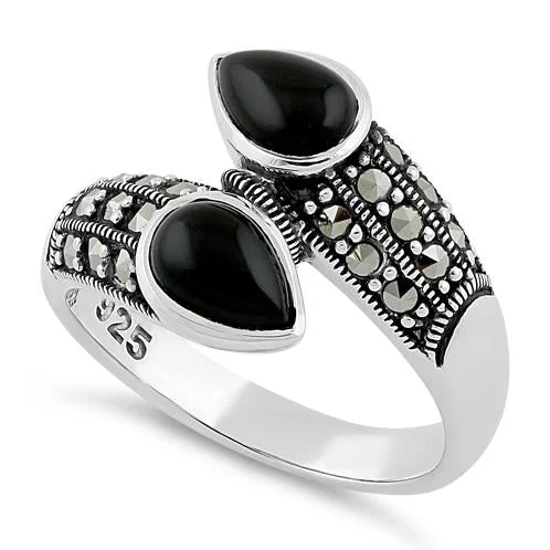 Eternity Wedding Rings-Sterling Silver Marcasite Pear Shape Black Onyx Ring