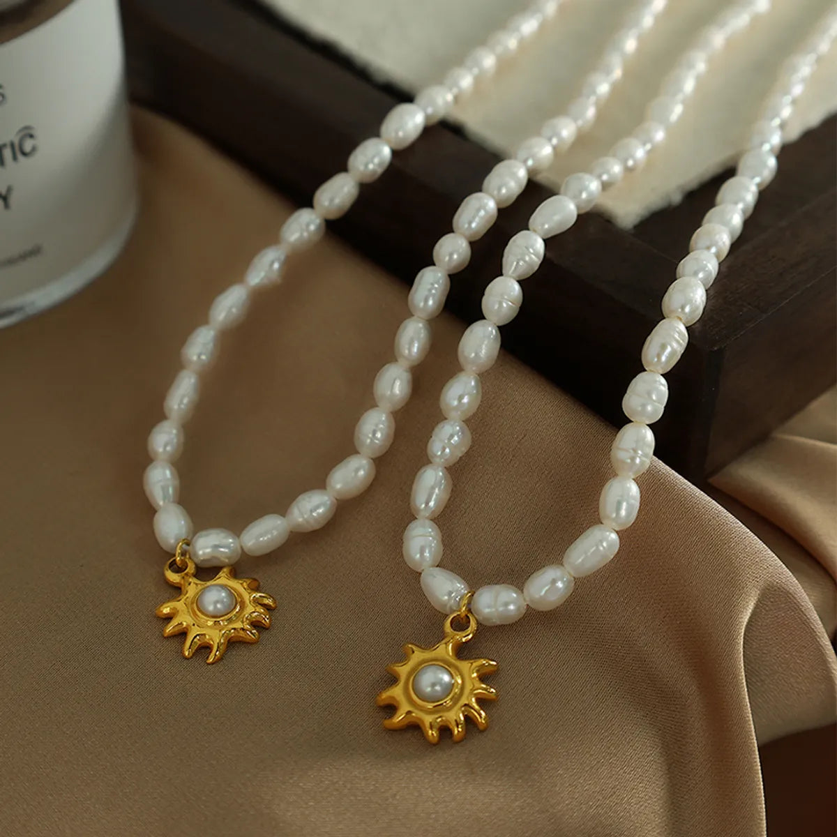 Textured Necklaces-Elegant Cute Sun Freshwater Pearl Titanium Steel Plating 18k Gold Plated Pendant Necklace