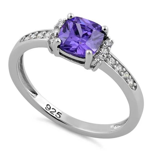 Two-Tone Wedding Rings-Sterling Silver Cushion Amethyst CZ Ring