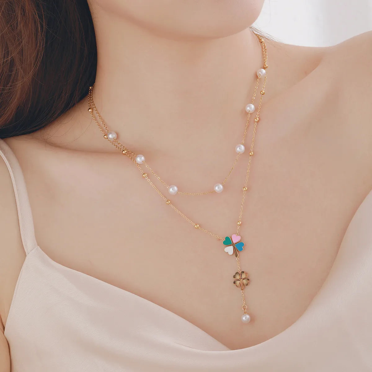 Chakra Necklaces-304 Stainless Steel Imitation Pearl Copper 18K Gold Plated Casual Elegant Plating Heart Shape Flower Double Layer Necklaces