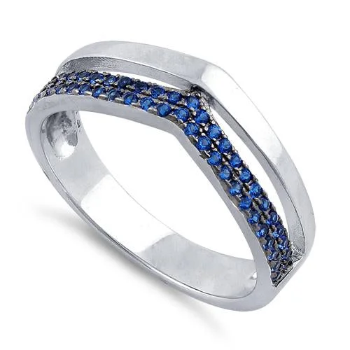 Artistic Engagement Rings-Sterling Silver Double V-Accented Blue CZ Ring