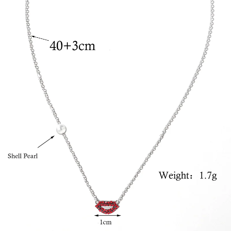 Multi-Strand Necklaces-Sexy Romantic Lips Sterling Silver Plating Chain Inlay Zircon White Gold Plated Pendant Necklace