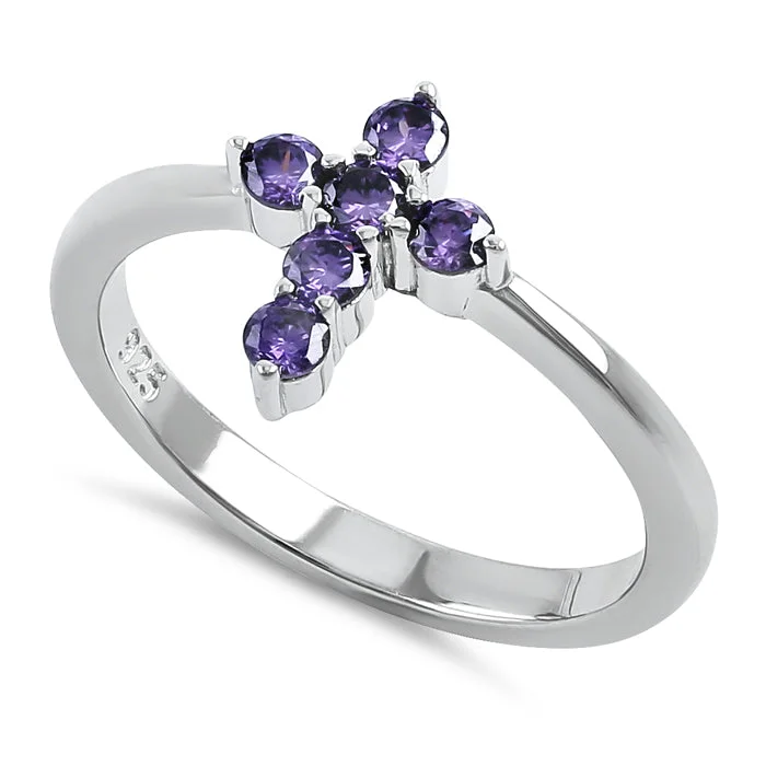 Wedding Bands with Engraving-Sterling Silver Cross Amethyst CZ Ring