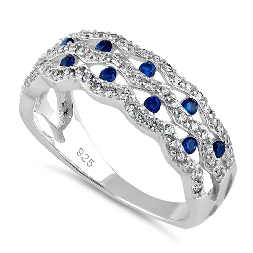 Two-Tone Engagement Bands-Sterling Silver Wavy Dotted Blue and Clear CZ Ring