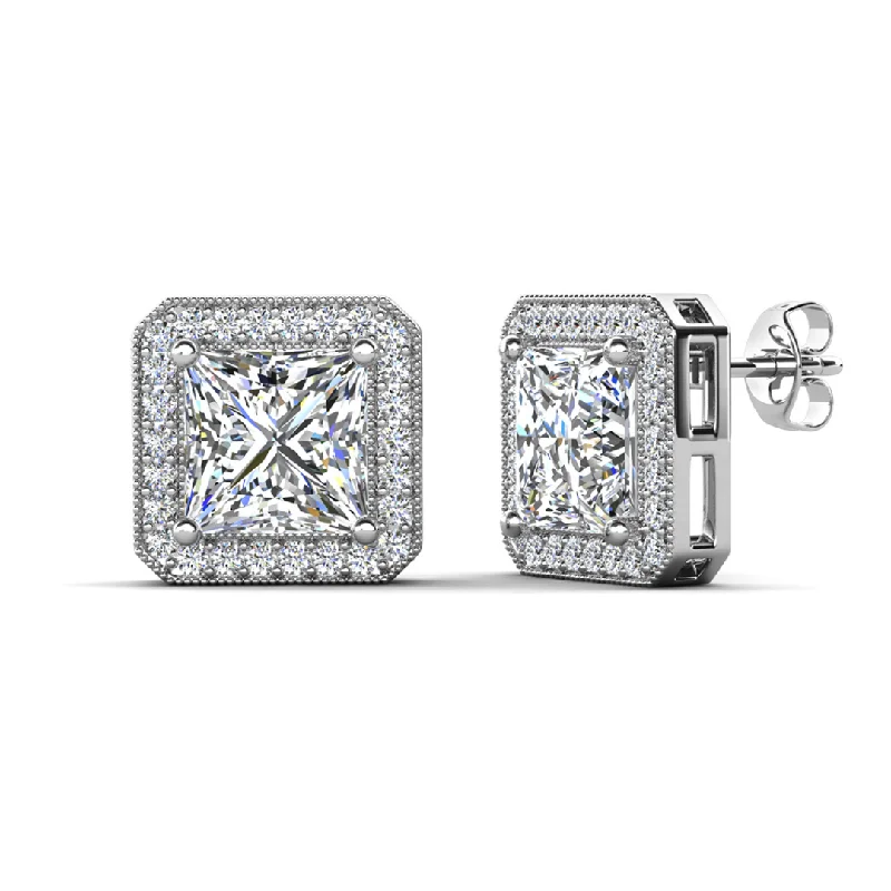 Silver Clip-On Earrings-Norah 18k White Gold Plated Princess Cut Halo Stud Earrings with Simulated Diamond Crystals