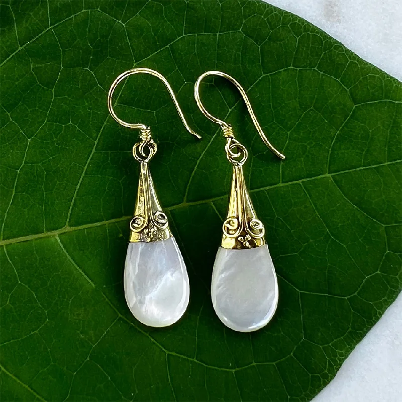 Colorful Drop Earrings-Mother-of-Pearl Filigree Earrings - Brass, Indonesia