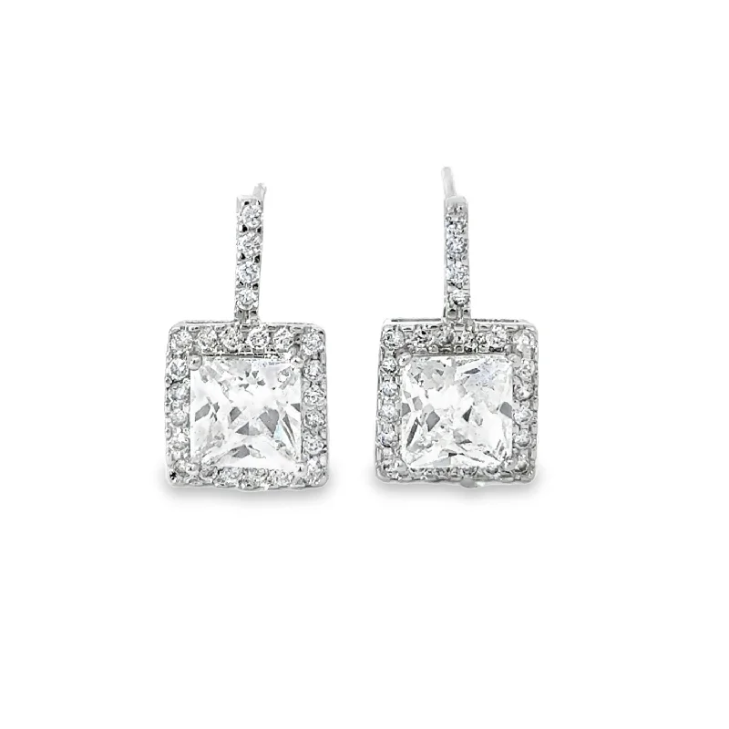 Geometric Drop Earrings-Kelsey 18k White Gold Plated Silver Crystal Drop Earrings with Simulated Diamond  Crystals