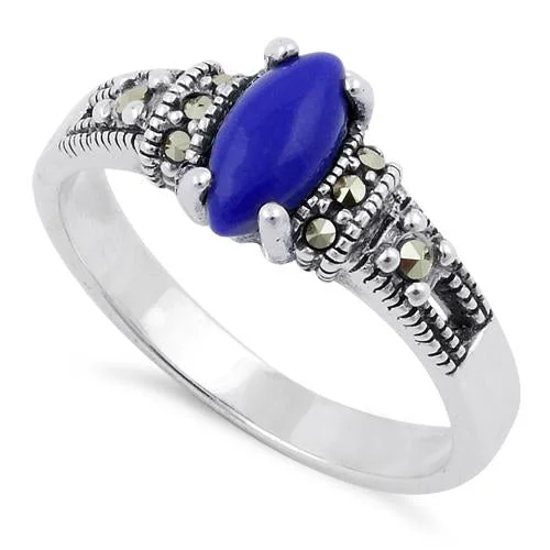 Luxury Promise Rings-Sterling Silver Blue Lapis  Marquise Marcasite Ring