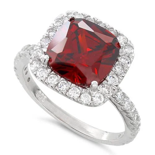 Bridal Ring Sets-Sterling Silver Cushion-Cut Red CZ Ring