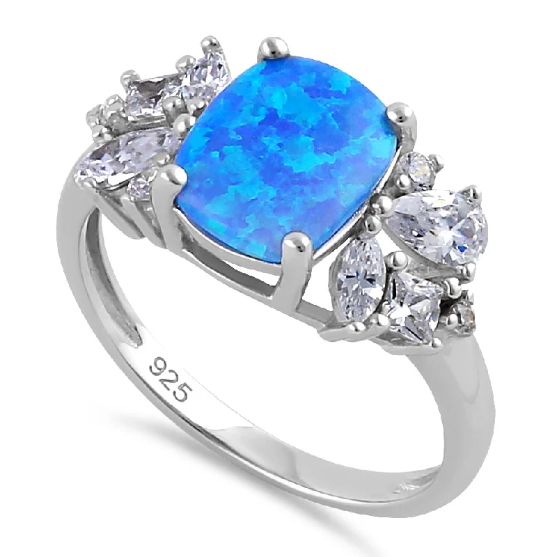 Gemstone Engagement Ring Sets-Sterling Silver Elegant Squoval Blue Lab Opal with Clear CZ Ring