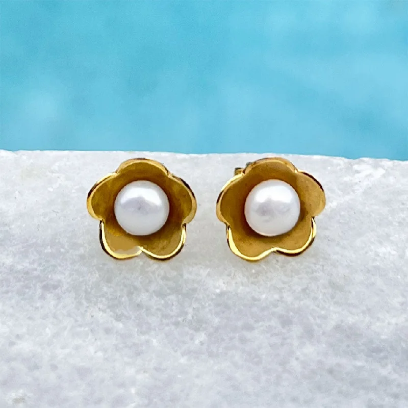 Bold Statement Earrings-Hidden Pearl Studs - Brass, Indonesia