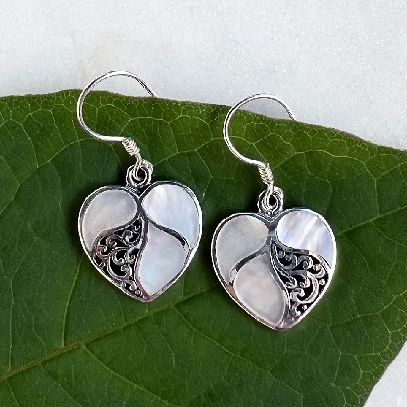 Large Diamond Earrings-Mother-of-Pearl Heart Earrings -Sterling Silver, Indonesia