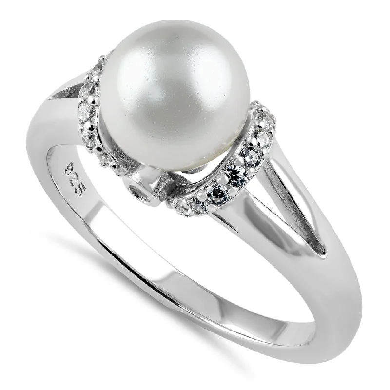 Engagement Rings with Colored Stones-Sterling Silver Classic Shell Pearl CZ Engagement Ring