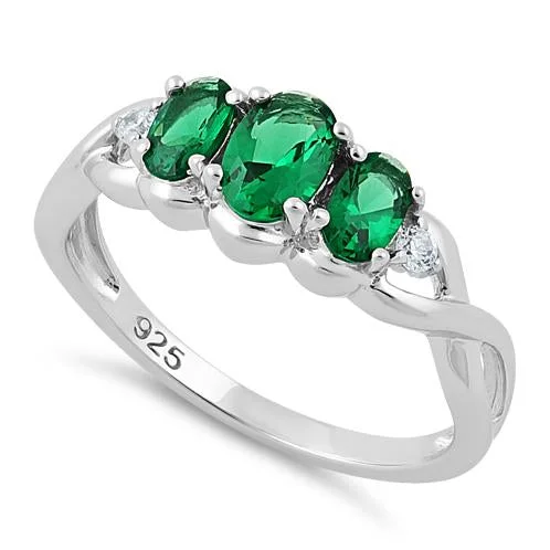 Women’s Vintage Engagement Rings-Sterling Silver Triple Oval Emerald CZ Ring