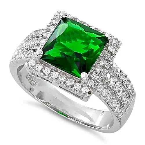 Crystal Wedding Rings-Sterling Silver Green Princess Cut CZ Halo Ring