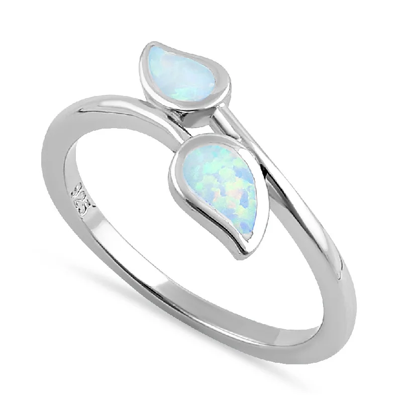 Vintage Gemstone Wedding Bands-Sterling Silver White Lab Opal Double Leaf Wrap Ring