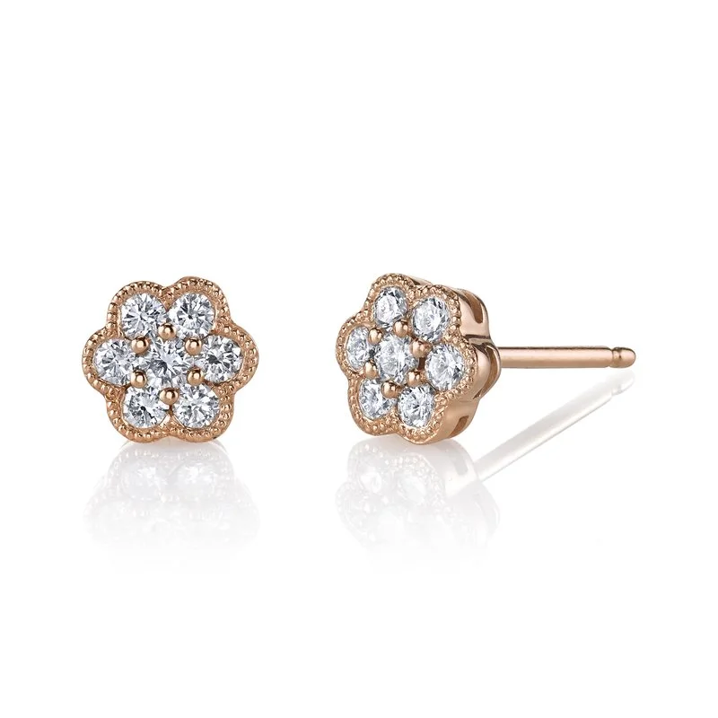 Modern Crystal Hoop Earrings-14K Rose Gold 0.36ct. Diamond Floral Blossom Stud Earrings