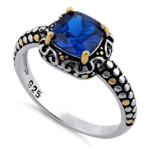 Wedding Bands with Engraving-Sterling Silver Celtic Blue Spinel Cushion CZ Ring