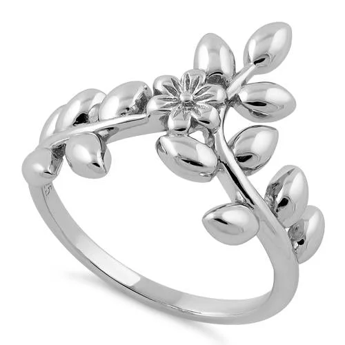 Custom Promise Rings-Sterling Silver Flower Leaves Ring