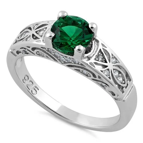 Engagement Rings for Men-Sterling Silver Emerald Round Cut Engagement CZ Ring