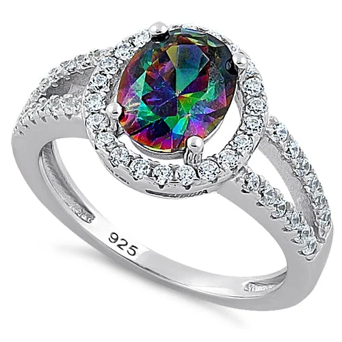 Gemstone Wedding Bands-Sterling Silver Rainbow CZ Halo Ring