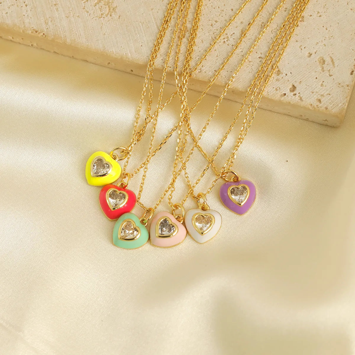 Colorful Necklaces-Wholesale IG Style Y2K Vacation Heart Shape Copper Enamel Inlay 18K Gold Plated Zircon Pendant Necklace