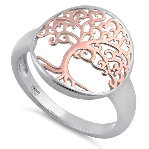 Custom Luxury Rings-Sterling Silver Two Tone Rose Gold Plated Tree of Life Ring