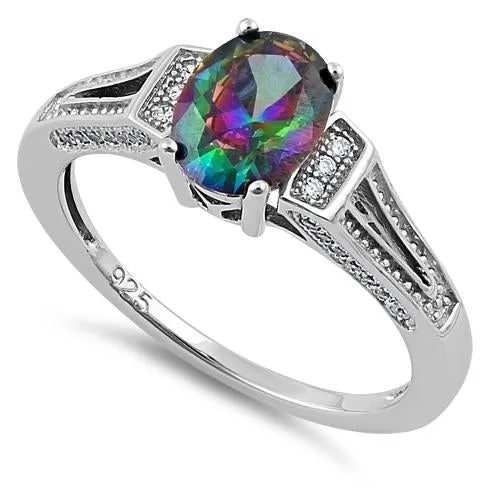 Custom Gemstone Rings-Sterling Silver Rainbow Oval Cut CZ Ring