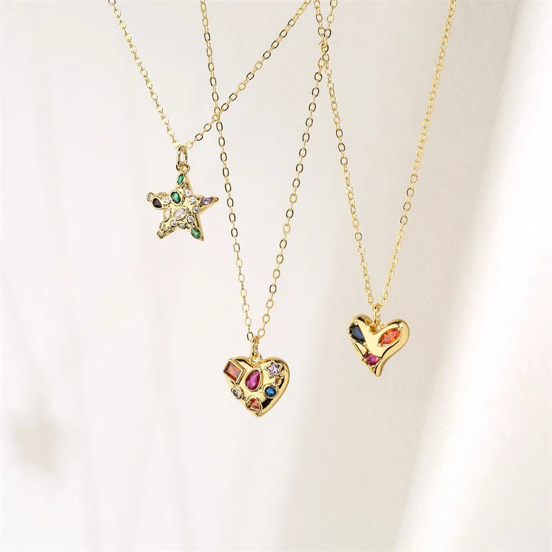 Anniversary Necklaces-Copper Inlay Heart Shape Rhinestones Pendant Necklace