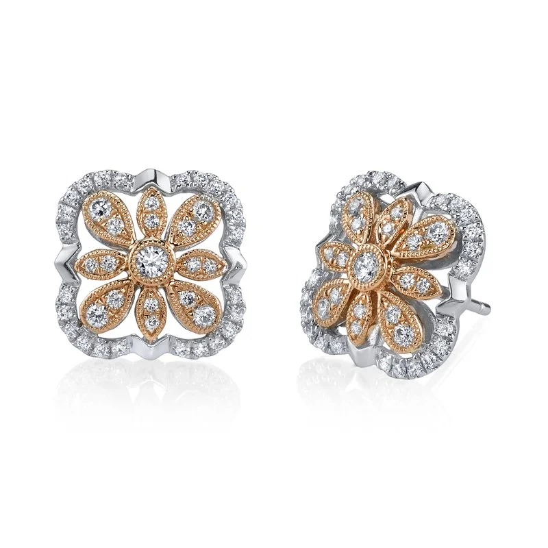 Simple Crystal Earrings-14K Two-Tone Gold 0.28ct. Diamond Filigree Design Stud Earrings