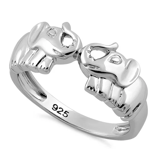 Women’s Wedding Bands with Diamonds-Sterling Silver 2 Elephants Ring