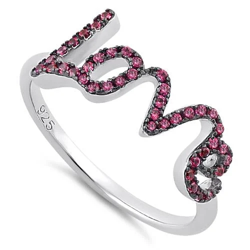 Stackable Engagement Rings-Sterling Silver Love Ruby CZ Ring