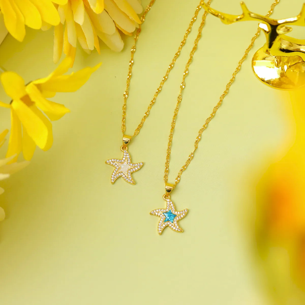 Double Chain Necklaces-304 Stainless Steel Copper 18K Gold Plated Inlay Starfish Gem Resin Zircon Pendant Necklace