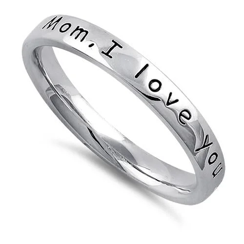 Black Stainless Steel Rings-Sterling Silver "Mom,  I love you with all my heart" Ring