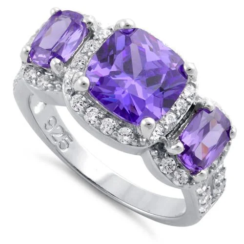 Custom Engraved Diamond Rings-Sterling Silver Amethyst Three Stone Halo CZ Ring