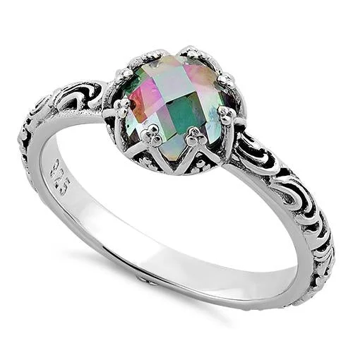 Unique Fashion Rings-Sterling Silver Floral Rainbow Topaz CZ Ring