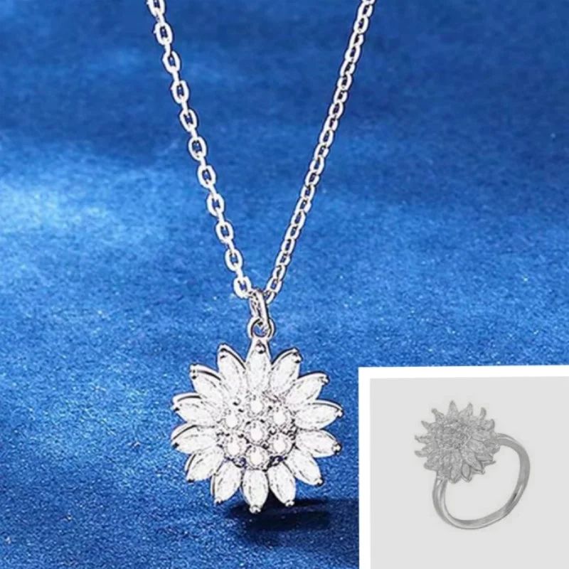 White Gold Color SUNFLOWER Rotating Necklace + Ring