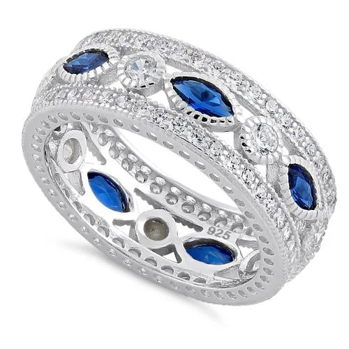 Two-Band Wedding Rings-Sterling Silver Eternity Marquise & Round Blue Spinel CZ Ring