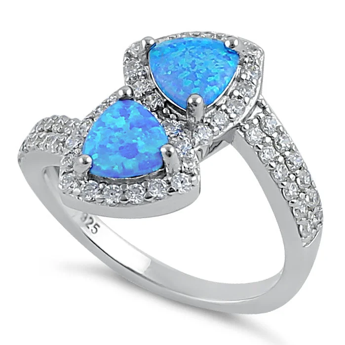 White Gold Wedding Sets-Sterling Silver Blue Lab Opal Double Trillion Clear CZ Ring